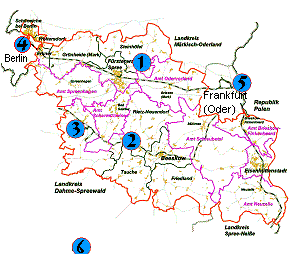 Standorte der Webcams, eingetragen auf einer verkleinerten Verwaltungskarte des Landkreises Oder-Spree