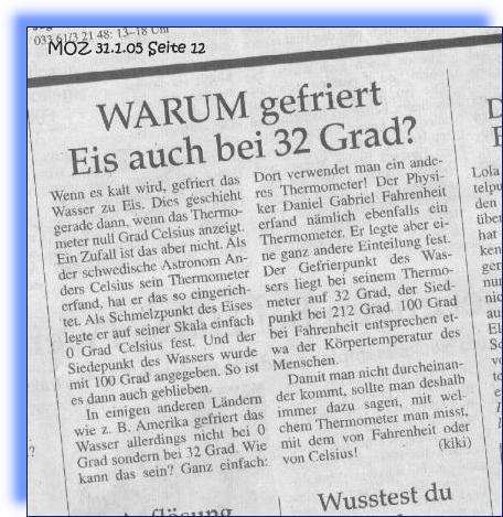 Ausschnitt Kinderseite einer Regionalzeitung 31.01.2005