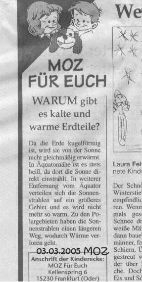 Ausschnitt Kinderseite einer Regionalzeitung 03.03.2005