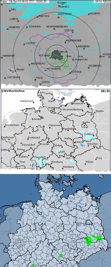 Radarkarten zwischen 08:00 und 09:15 Uhr von 3 verschiedenen Anbietern (oben: FU Berlin, mitte: wetteronline.de, unten: T-Online-Wetter von Meteomedia)