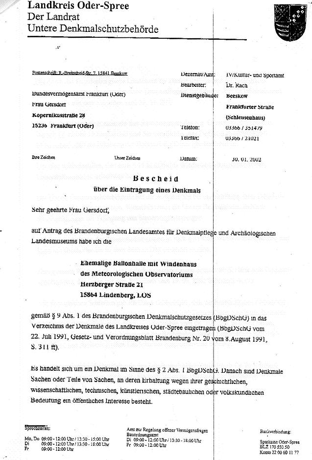 Unterschutzstellung Januar 2002