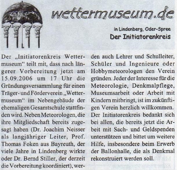 Ausriss Amtsblatt Tauche 06.09.2006