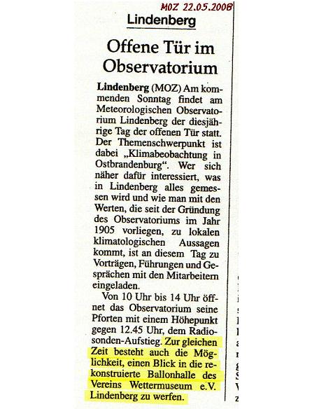 Ausriss MOZ, Ankündigung Tag der offenen Tür